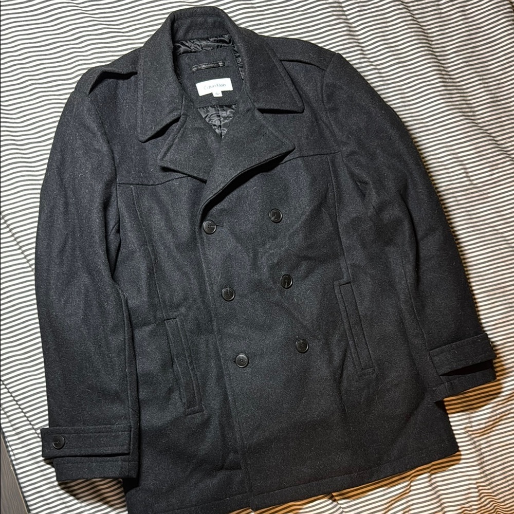 Calvin Klein Black Peacoat with Wide Lapels and Structured Shoulders